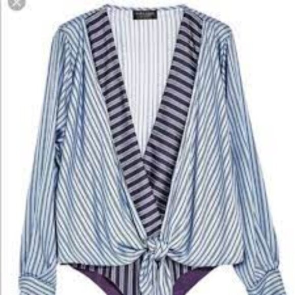 Zara Blue Striped Knot Plunging Bodysuit Small - Picture 4 of 8